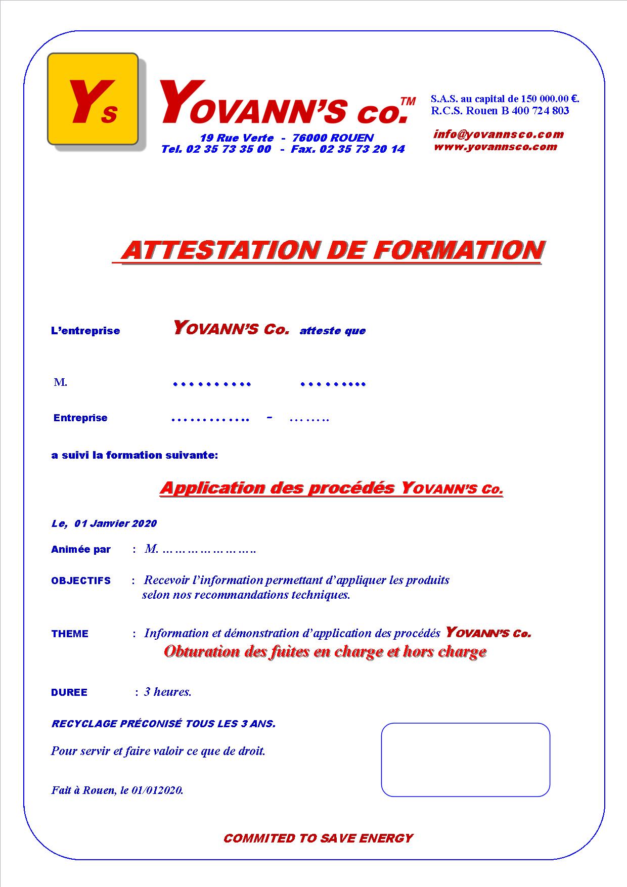 Attestation de formation Yovann's Co